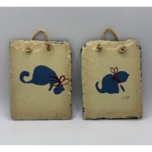 Vtg Plain Jane Slate Cat Kitten Wall Hanging Plaque Folk Art Signed Pair 3.5x4.5